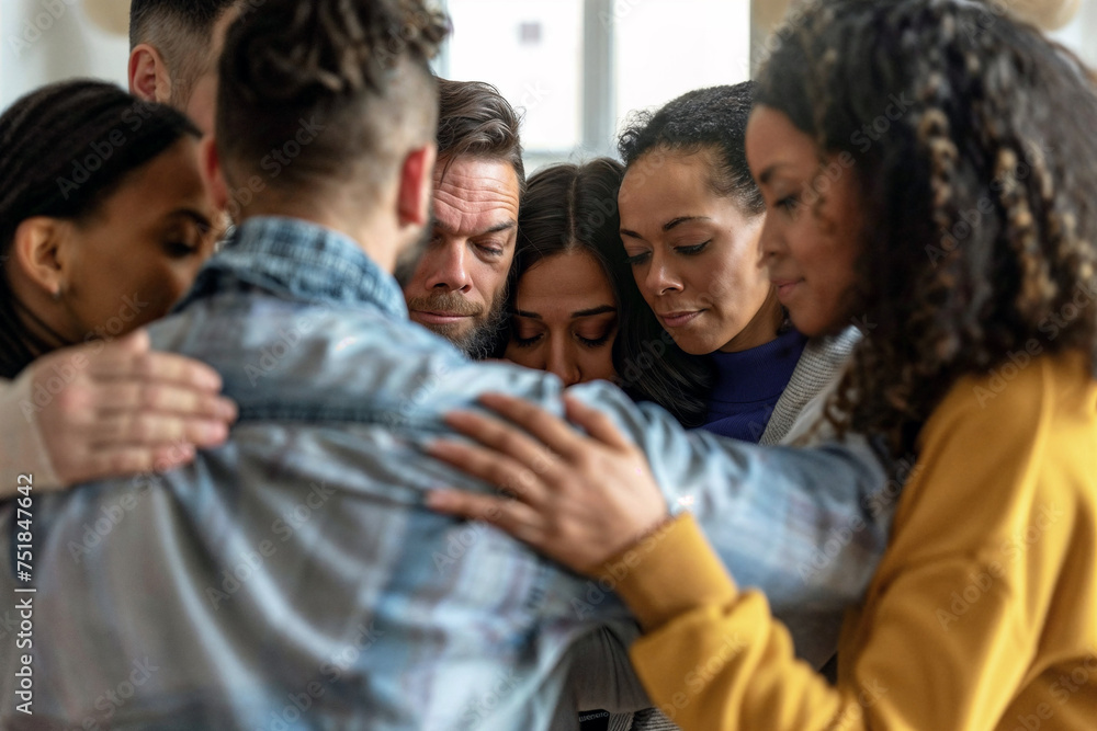 A group of diverse individuals comes together in a huddle or group hug, showcasing support, unity, and the strength of community.

