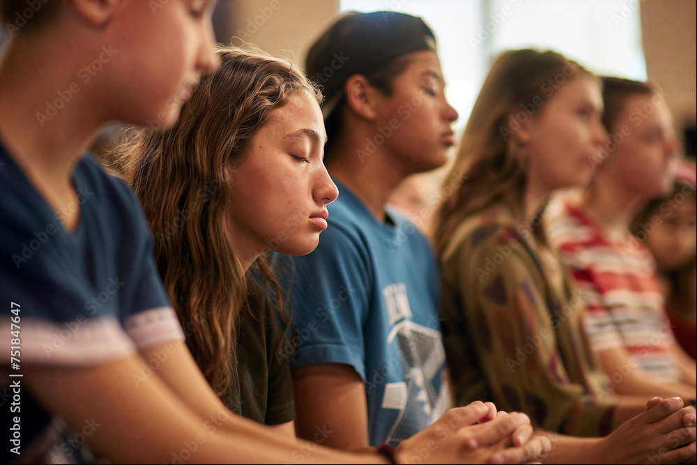Candid shot of teenagers in a prayer group, displaying solemn expressions that capture a moment of deep spirituality and reflection.

 - obrazy, fototapety, plakaty 