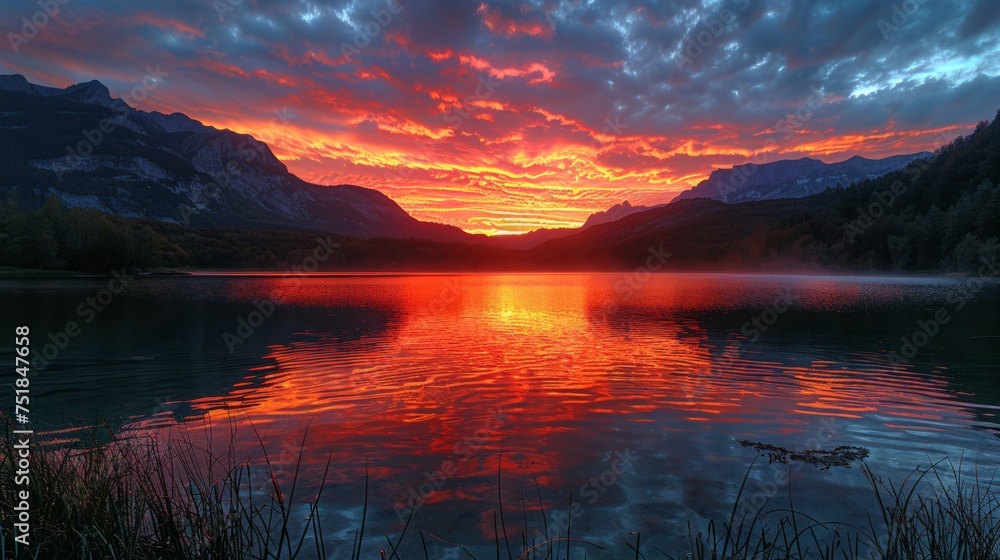 Majestic Sunset Over Lake With Mountain Backdrop