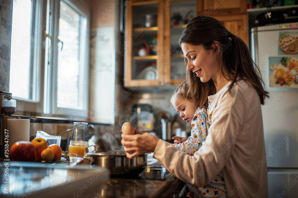 Candid shot of a mother and toddler daughter bonding over breakfast preparation in the kitchen, showcasing routine, simple pleasures, and love.

