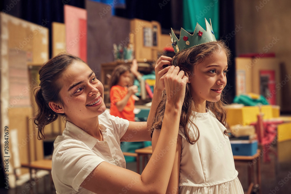 A young female teacher assists a female student in dressing up for a school play, capturing a candid moment of everyday educational life.
A young female teacher assists a female student in dressing up for a school play, capturing a candid moment of everyday educational life.