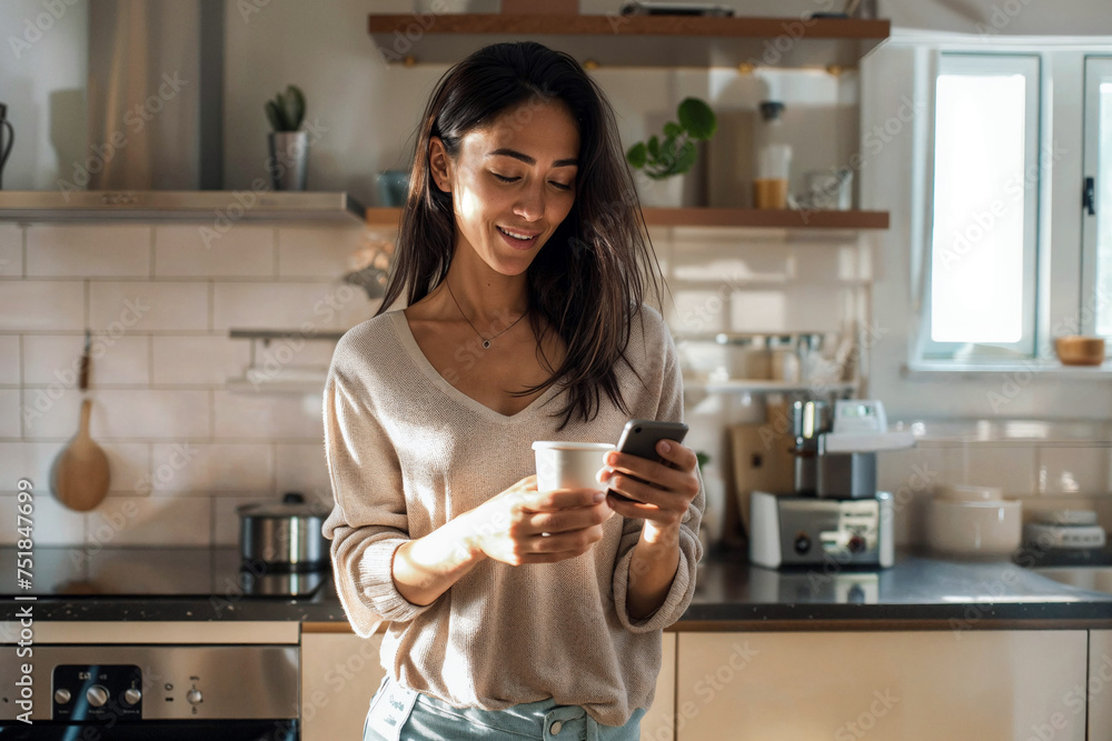 Candid photo of a woman in the kitchen, smiling as she texts a loved one on her smartphone, capturing a moment of connection.
Candid photo of a woman in the kitchen, smiling as she texts a loved one on her smartphone, capturing a moment of connection.