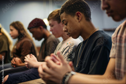 Candid shot of teenagers in a prayer group, displaying solemn expressions that capture a moment of deep spirituality and reflection.

