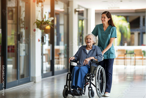 Female nurse compassionately assisting an elderly Caucasian patient in a wheelchair through a retirement home, showcasing professional medical care. photo