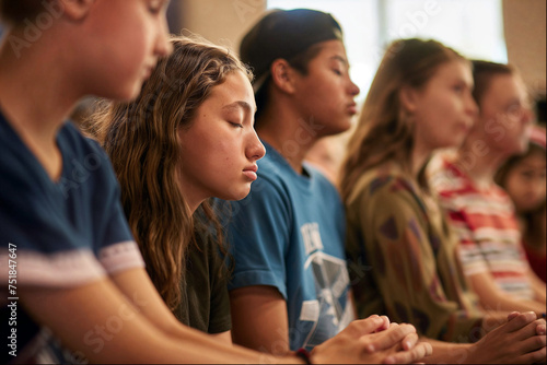 Candid shot of teenagers in a prayer group, displaying solemn expressions that capture a moment of deep spirituality and reflection.

 photo