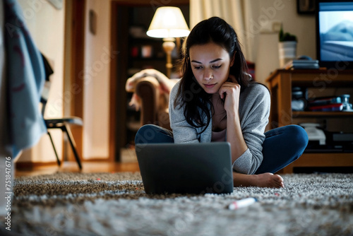 Gen Z female focused on studying, seated on the floor at home with a laptop, engaged in research and homework for college.


