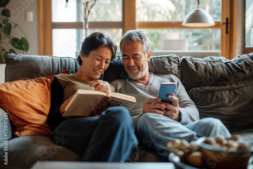 Elderly couple enjoys a relaxing weekend together, one reading a book and the other browsing on a smartphone, embodying leisure in retirement.