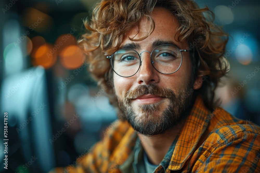 Close-up of a smiling man with curly hair and glasses, reflecting a friendly demeanor Close-up of a smiling man with curly hair and glasses, reflecting a friendly demeanor