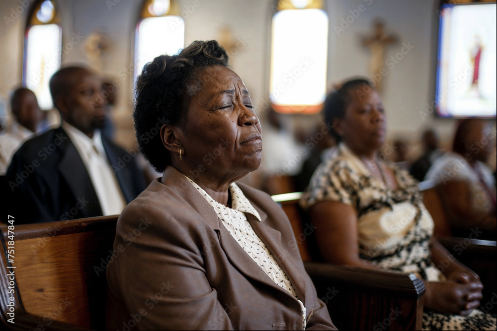 Elderly African American woman solemnly sitting in a pew of a Baptist church, captured in a candid moment reflecting spirituality and devotion.

