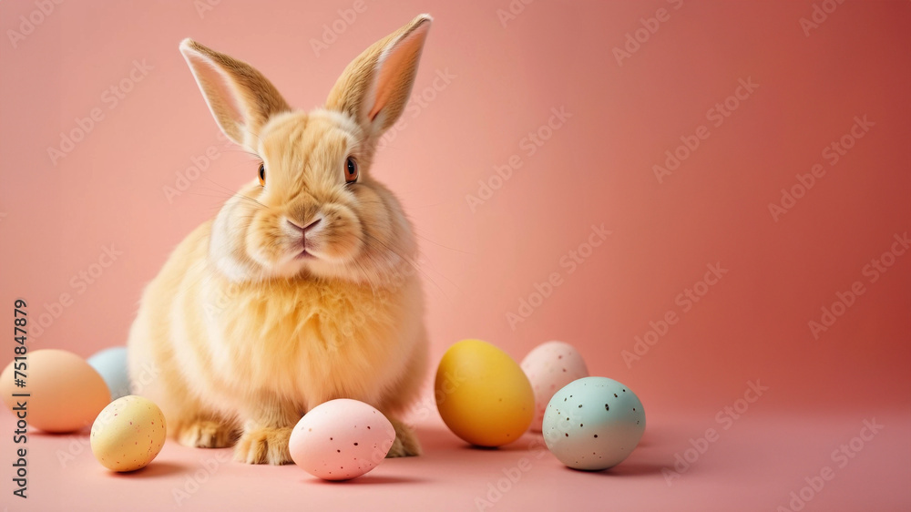 Fototapeta premium A cute fluffy easter rabbit with an easter egg on a peach fuzz background. AI Generated.