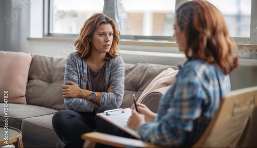 A woman engages in a serious discussion with her therapist, embodying vulnerability and concern, highlighting the importance of mental health support.   © InputUX