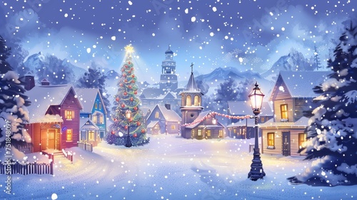 Snowy village square with Christmas lights background