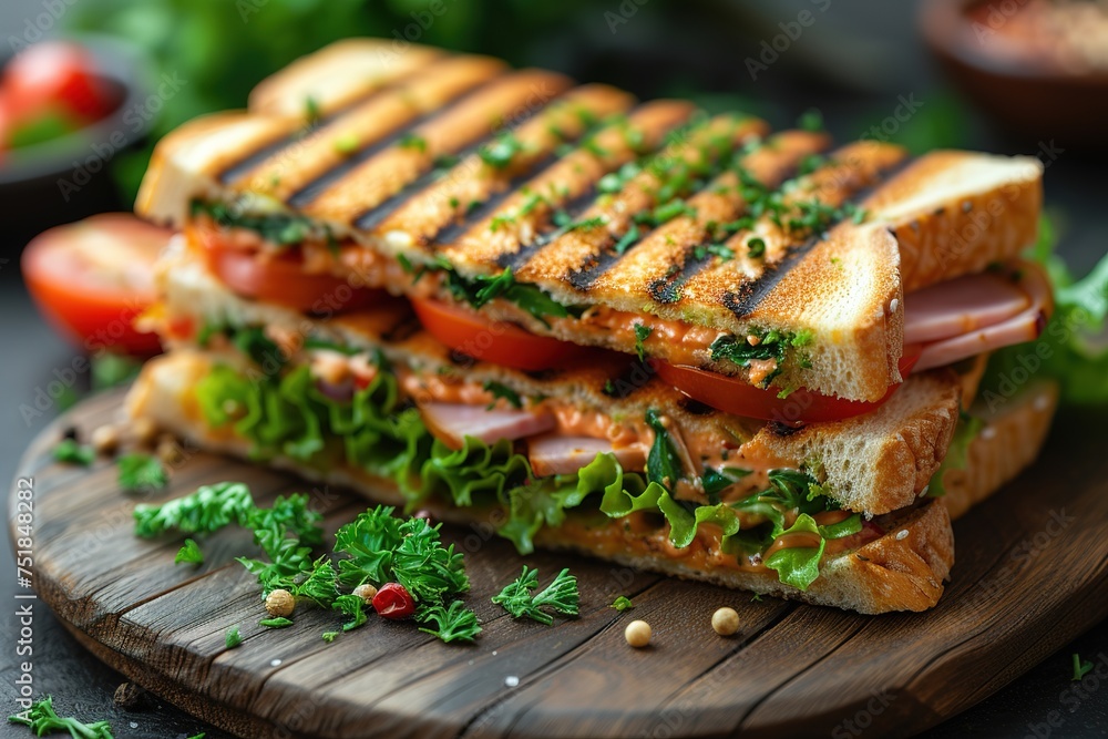 Pressed and toasted double panini with ham and cheese served on sandwich paper on a wooden table Pressed and toasted double panini with ham and cheese served on sandwich paper on a wooden table