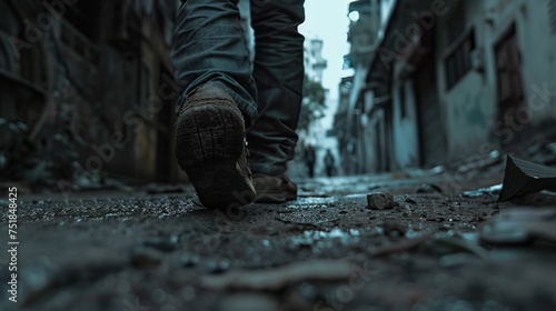 Close-up view of worn-out feet of exhausted tired man walking on an empty street photo
