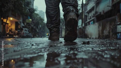 Close-up view of worn-out feet of exhausted tired man walking on an empty street