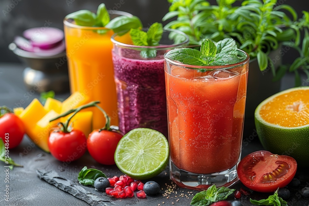Three glassed fresh fruit smoothies with distinct colors alongside their respective ingredients, suggesting health and vitality Three glassed fresh fruit smoothies with distinct colors alongside their respective ingredients, suggesting health and vitality