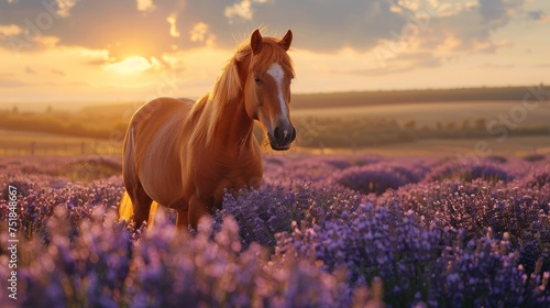 Horse Standing in Lavender Field