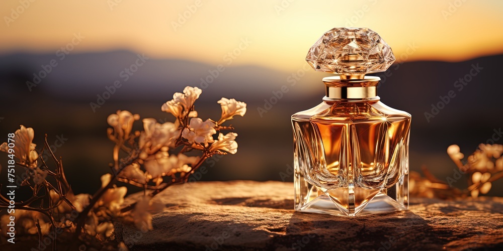 An elegant perfume bottle, its glass facets catching the golden tones of a setting sun, radiating luxury - obrazy, fototapety, plakaty 