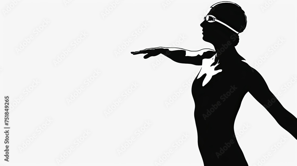 Full body clipart, side view silhouette woman freestyle stroke arm straight in front. Wearing a swim cap. show entire body - obrazy, fototapety, plakaty 