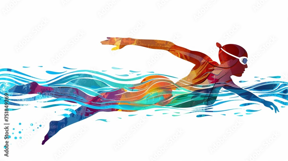 Full body clipart, side view silhouette woman freestyle stroke arm straight in front. Wearing a swim cap. show entire body - obrazy, fototapety, plakaty 