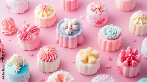 Assorted decorative fondant mini cakes on a pink background. Delicate pastry design for bakery promotion, dessert menu, and confectionery art with a pastel color scheme and elegant presentation photo