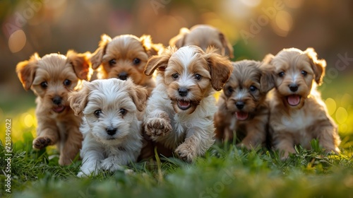 Group of Puppies Sitting on Lush Green Field © ArtCookStudio