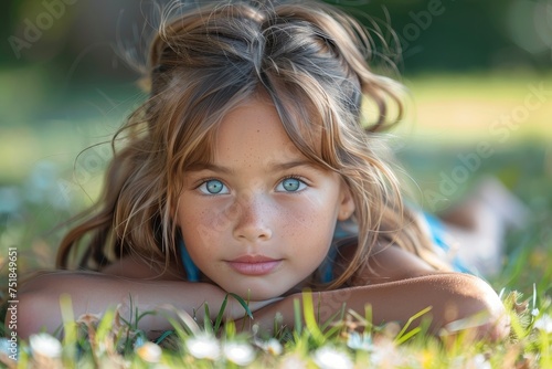 A close-up image of a young girl with freckles, lying on the grass, looking into the camera with clear blue eyes photo