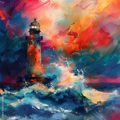 Lighthouse in Dramatic Stormy Sea 