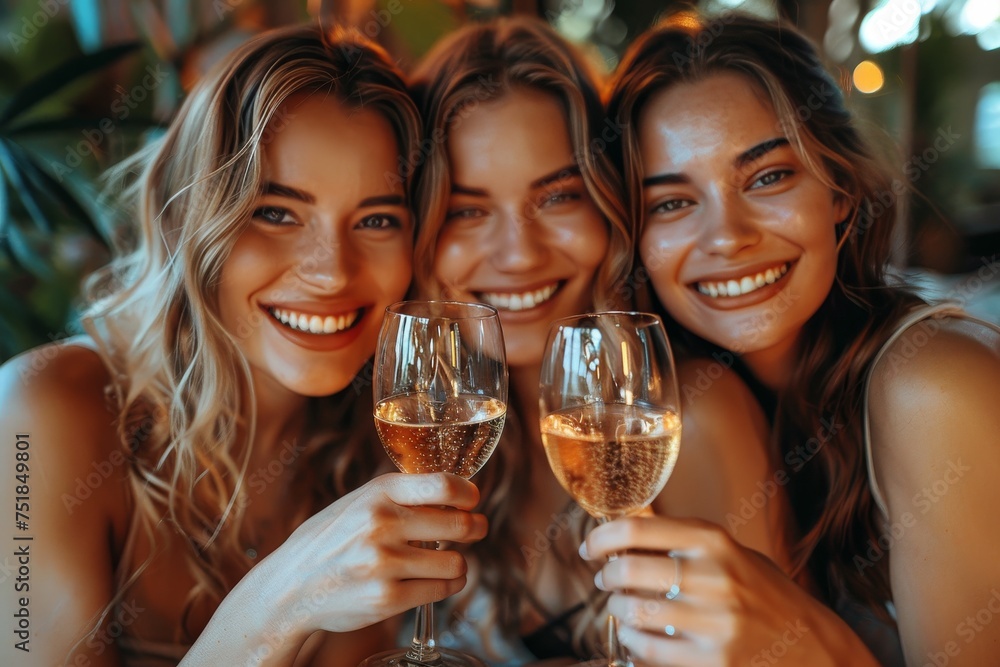 Exuberant image of three young women toasting with sparkling wine, joyful and celebratory in atmosphere Exuberant image of three young women toasting with sparkling wine, joyful and celebratory in atmosphere
