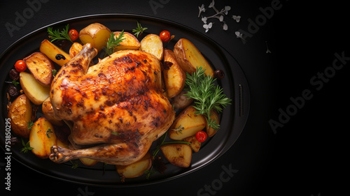 Baked chicken with potatoes on a dark plate