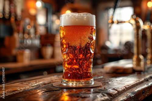 Cold beer in a glass, close up in a dark pub with a sunset light on it.