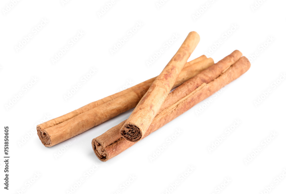 Three aromatic cinnamon sticks isolated on white