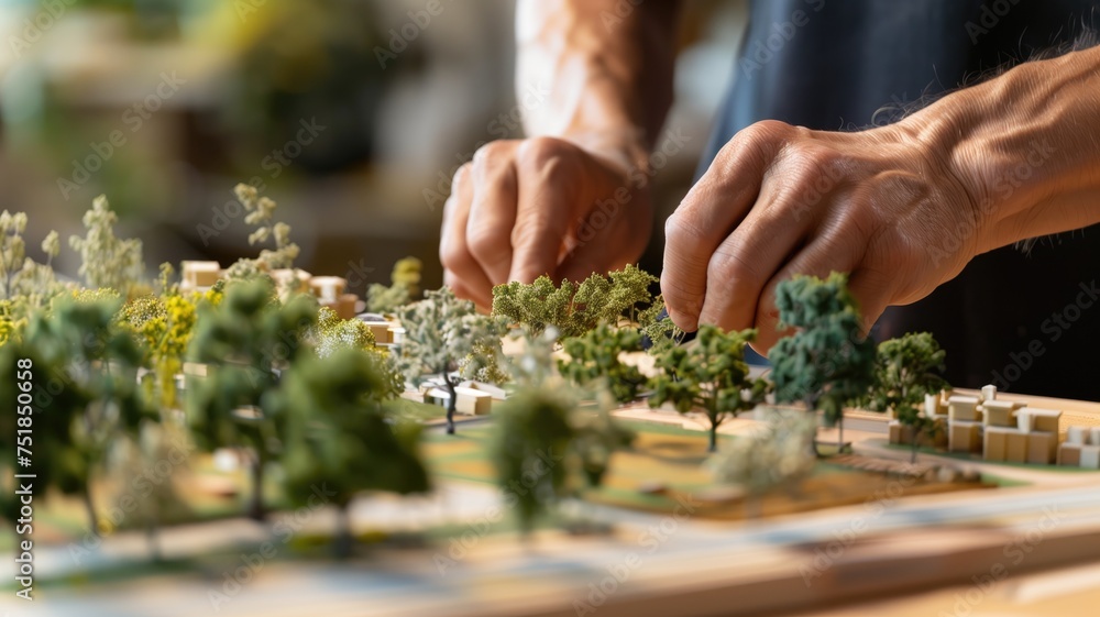 Hands meticulously placing trees on a detailed architectural model Hands meticulously placing trees on a detailed architectural model