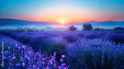 Sunrise over lavender fields with mist background
