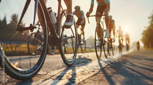 Close-up of a group of cyclists with professional racing sports gear riding on an open road cycling route
 photo