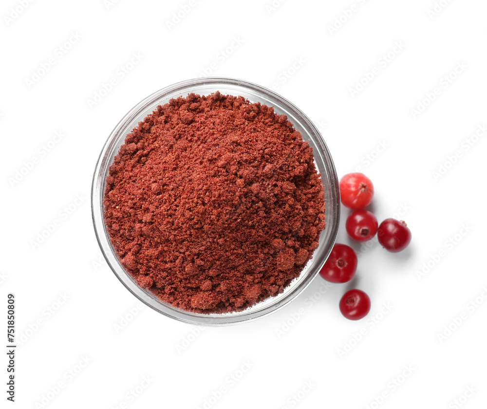 Cranberry powder in bowl and fresh berries isolated on white, top view Cranberry powder in bowl and fresh berries isolated on white, top view