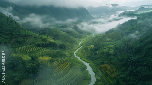 A serene dawn breaks over mist-covered terraced fields in a lush green valley
