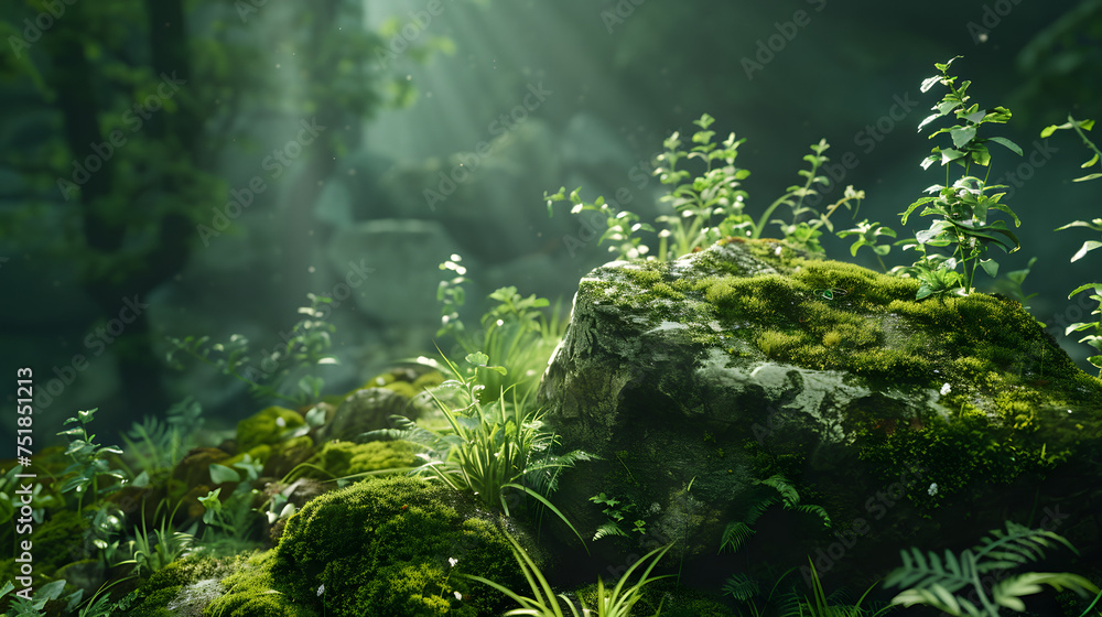 Mossy Rock Surrounded by Green Plants