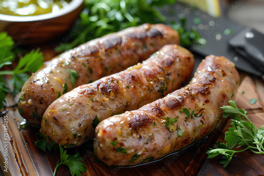 Freshly cooked butchers made, homemade sausages with rosemary on a wooden board. Grilled chicken sausages. Generative AI Freshly cooked butchers made, homemade sausages with rosemary on a wooden board. Grilled chicken sausages. Generative AI