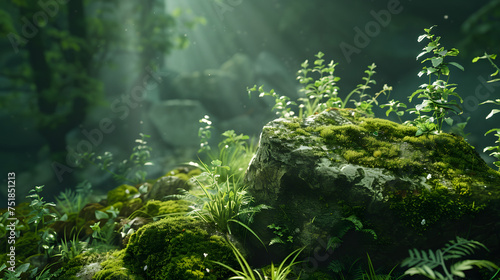 Mossy Rock Surrounded by Green Plants