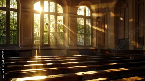 Sunbeams streaming through the tall windows in a peaceful empty church interior photo