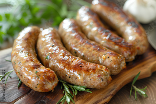 Freshly cooked butchers made, homemade sausages with rosemary on a wooden board. Grilled chicken sausages. Generative AI