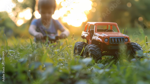 Remotely driven monster truck racing outdoors.