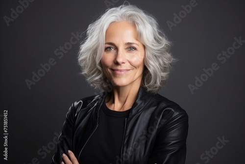 Portrait of a beautiful senior woman in black leather jacket on grey background