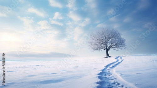 a snow covered field with a lone tree in the distance and clothes, wide shot