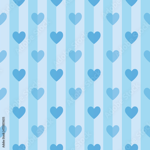 Blue and white vertical stripes and heart seamless background