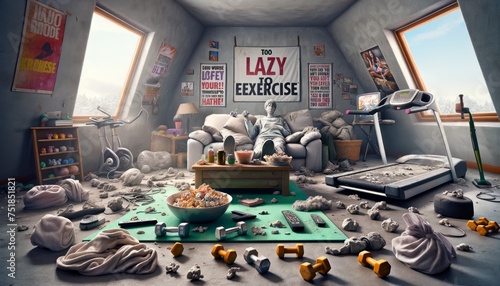 The Great Exercise Escape: Comfort Over Cardio. A comical take on choosing relaxation over exercise, with unused gym gear and the lure of the couch.