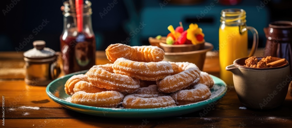 A plate filled with sugared donuts placed on a table, showcasing a tempting breakfast spread with a variety of tasty treats.