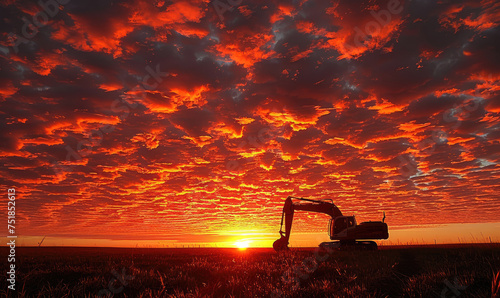 An excavator digging soil at sunset