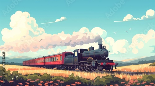 Vintage steam train crossing countryside background